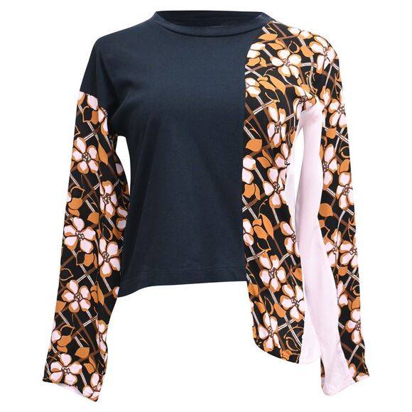 Marni Floral-Print Paneled Long Sleeve T-Shirt in Multicolor Cotton